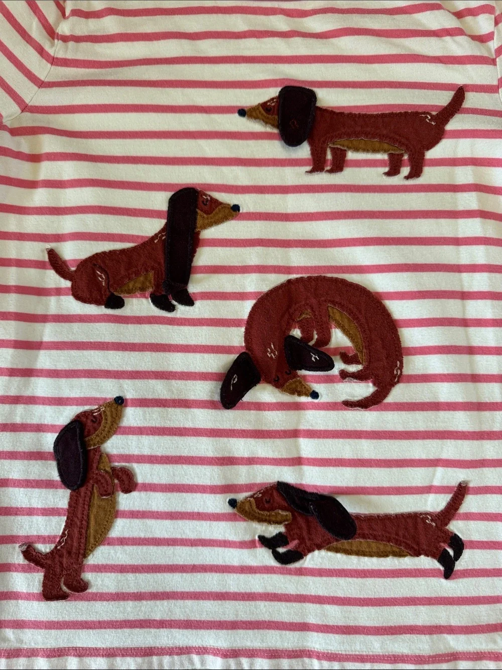 Mini Boden Girls' Pink Stripe Dachshund Applique Long-Sleeve Top Size 9-10Y